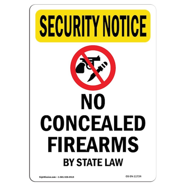 OSHA Security Sign, 5" H, 3.5" W, No Concealed Weapons, Portrait, SN-D-35-V-11724-10PK